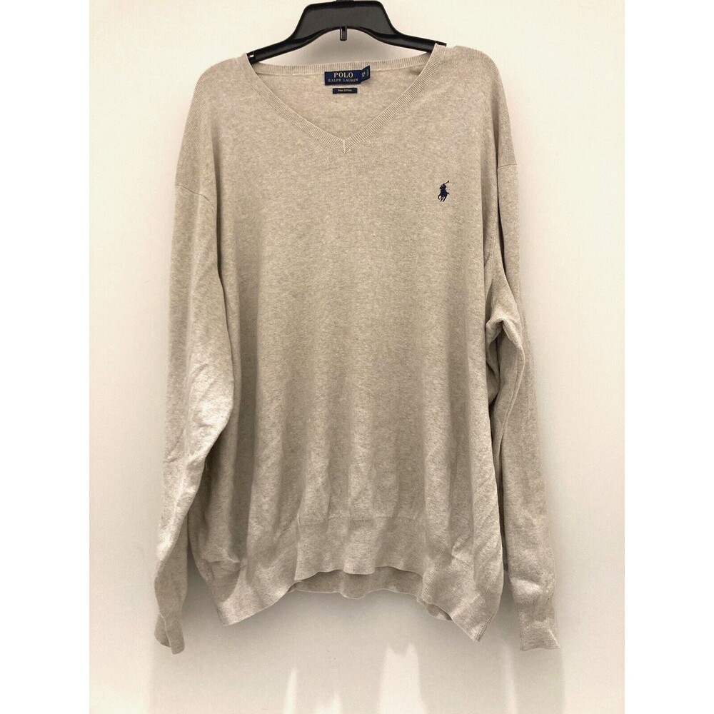 Polo Ralph Lauren Sweater Pima Cotton Tan Long Sleeve Vneck Pullover 4XB Big Men